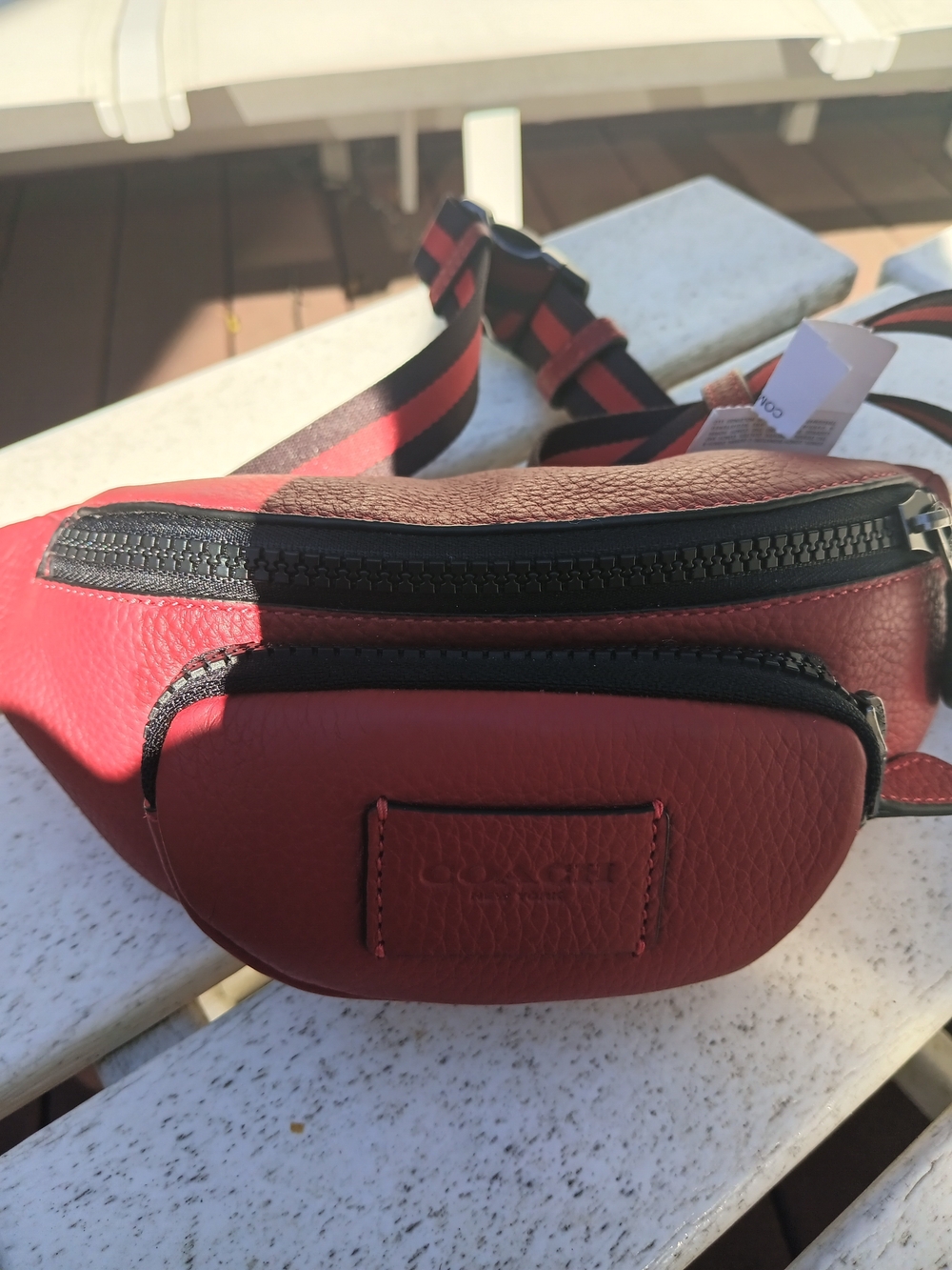 Coach Red Pebbled Leather Belt Bag with Striped Strap